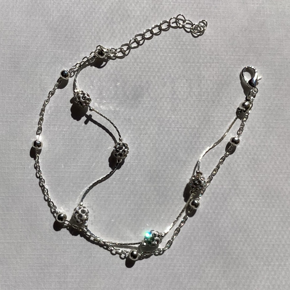 New Double Strand Sterling Silver Chain Bracelet Sparkling Rhinestones Boho Gift